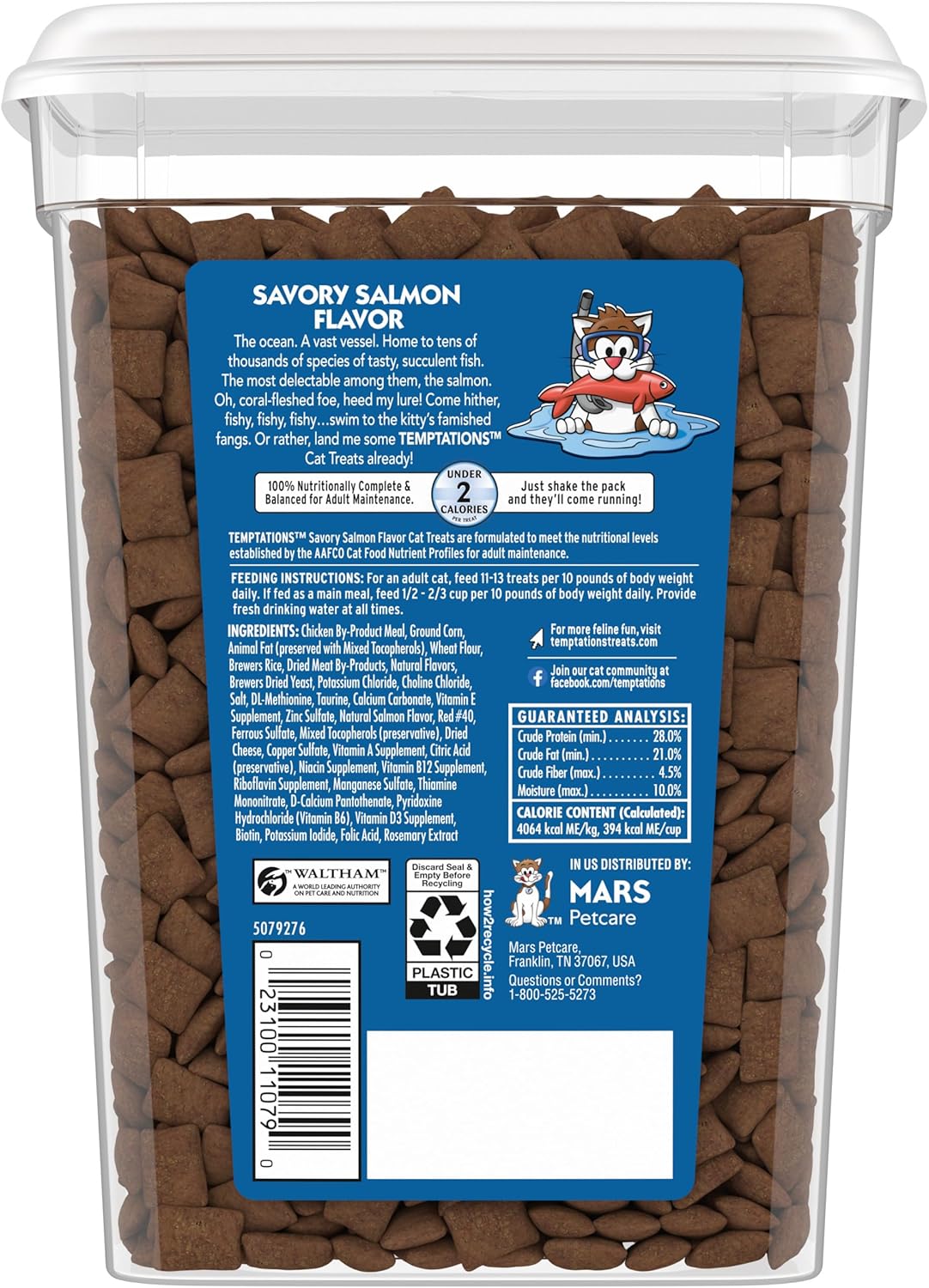 TEMPTATIONS Classic Bocadillos crujientes y suaves para gato sabor salmón delicioso, 16 onzas Envase