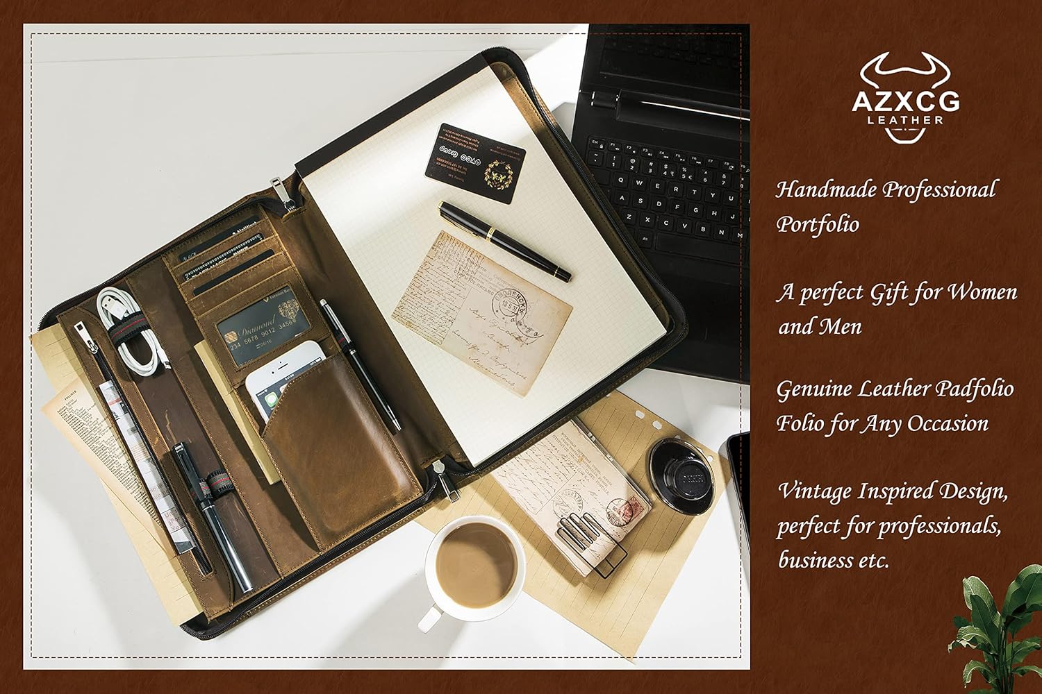 AZXCG Portafolio organizador de cuero para hombres, folio profesional con soporte para bloc de notas A4Legal, cartera con cremallera para currículum