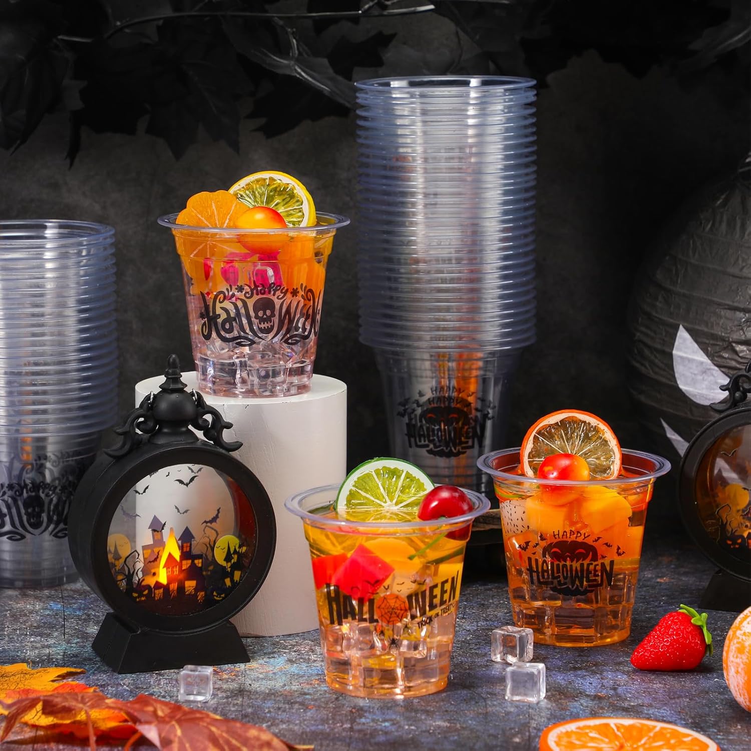 Sliner 60 vasos de plástico desechables transparentes de 12 onzas para Halloween, murciélagos, fantasmas, arañas, suministros de fiesta de Halloween