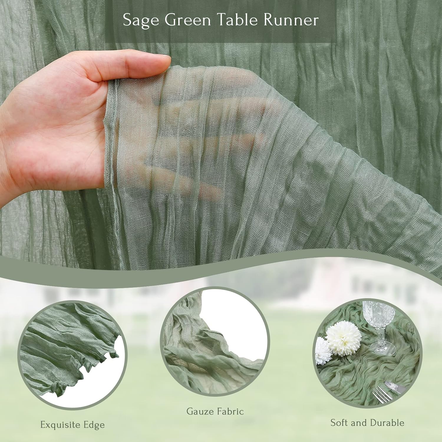 Camino de mesa de estopilla verde salvia, paquete de 5 caminos de mesa de gasa bohemia de 10 pies para boda, despedida de soltera, decoración de