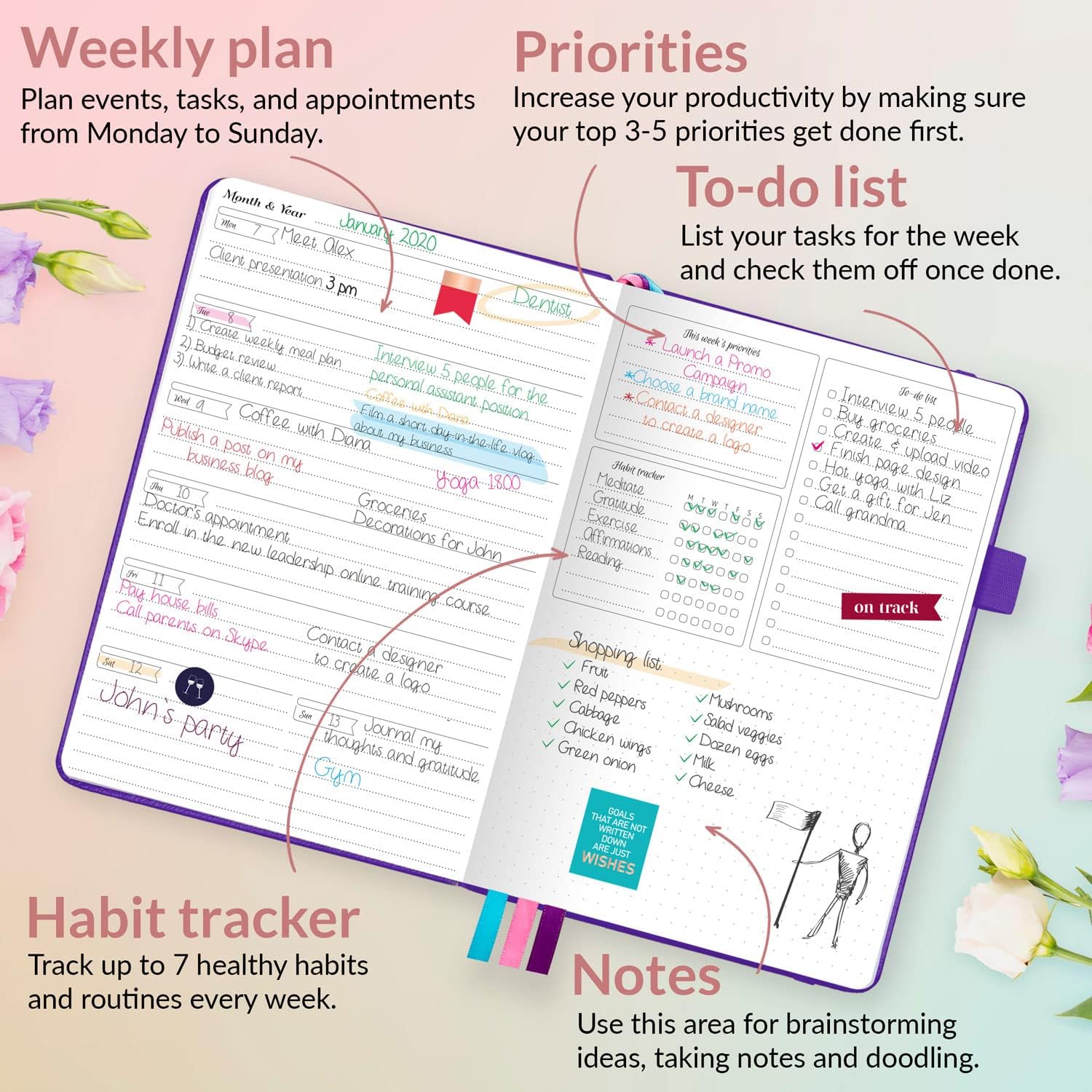 GoGirl Planner – Agenda y organizador para mujeres, sin fechas, comienza en cualquier momento, dura 1 año, 13.4 x 19.5 centímetros.