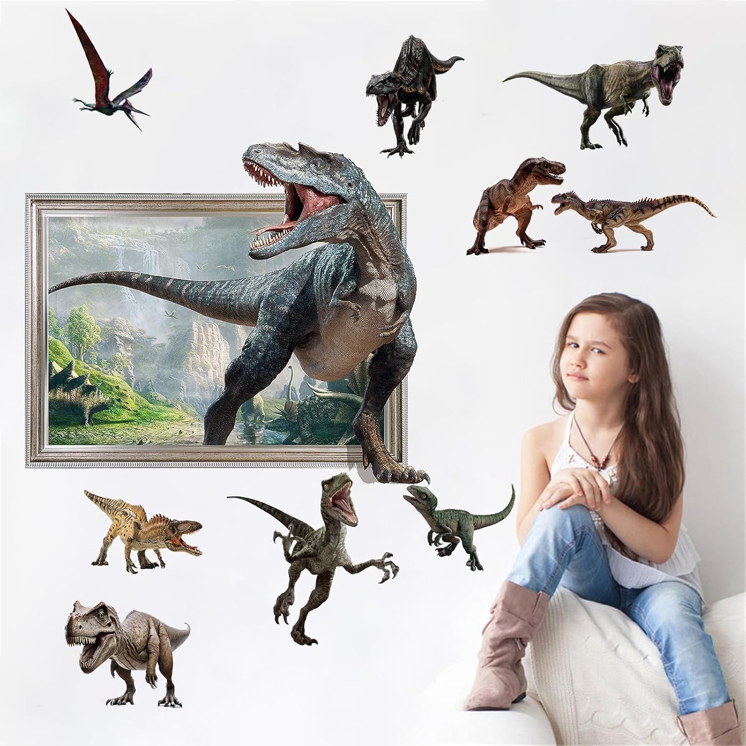 10 calcomanías de pared de dinosaurio 3D extraíbles, calcomanías de dinosaurio grandes 3D, calcomanías de pared de dinosaurios 3D para sala de estar