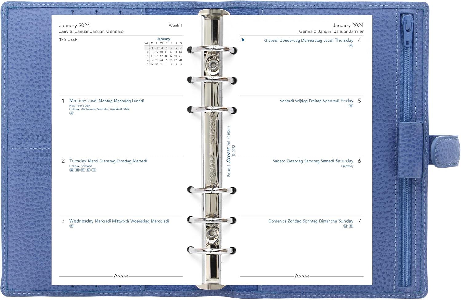 Filofax Finsbury – Organizador de tamaño personal, color azul Vista – Cuero granulado tradicional, seis anillos, calendario semanal para ver,