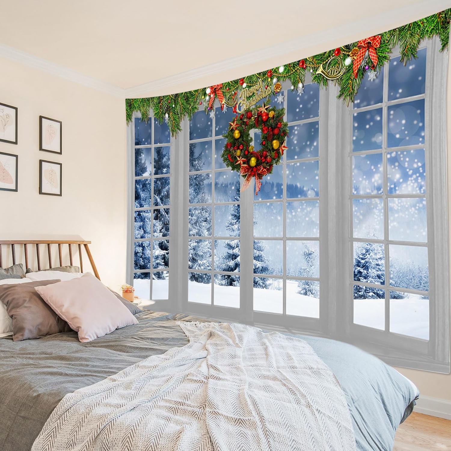 HVEST Tapiz navideño de invierno para colgar en la pared, bosque de pinos nevados con copo de nieve a través de ventana, tapiz de corona de Navidad