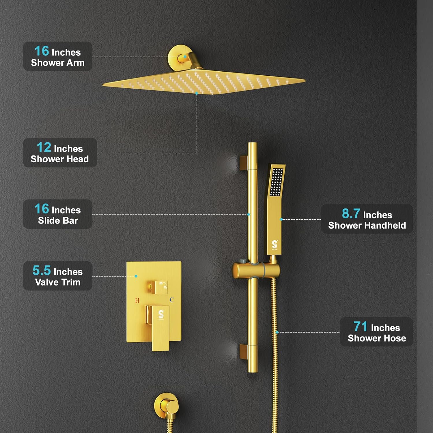 SR SUN RISE Juego de grifo de ducha dorado cepillado de 8 pulgadas, barra deslizante ajustable de 16 pulgadas para montaje en pared con sistema de