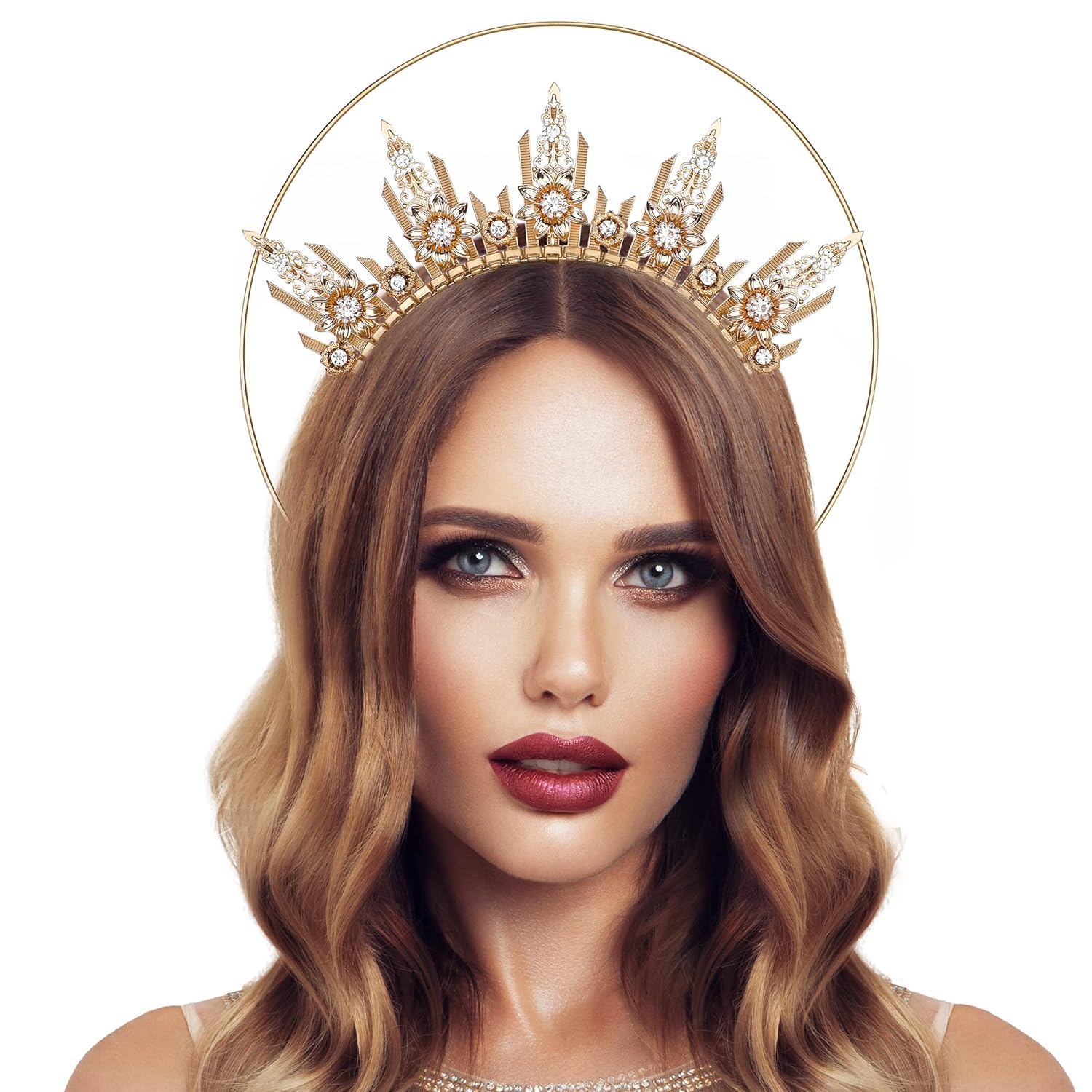 Gold Halo Crown Headpiece – Spiked Headwear Queen Headband Surburst Halo Crown Goddness Headpiece Halloween Cosplay Renaissance Costume Accessories