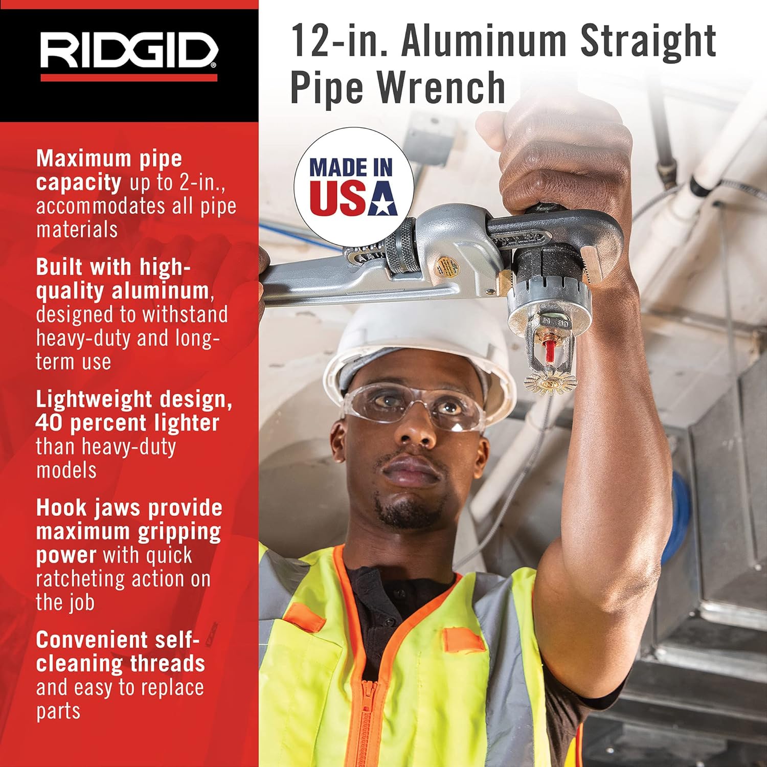 RIDGID 47057 Llave de tubo recta de aluminio modelo 812, llave de fontanería de 12 pulgadas, plata, pequeña y llave de tubo de plomería recta de