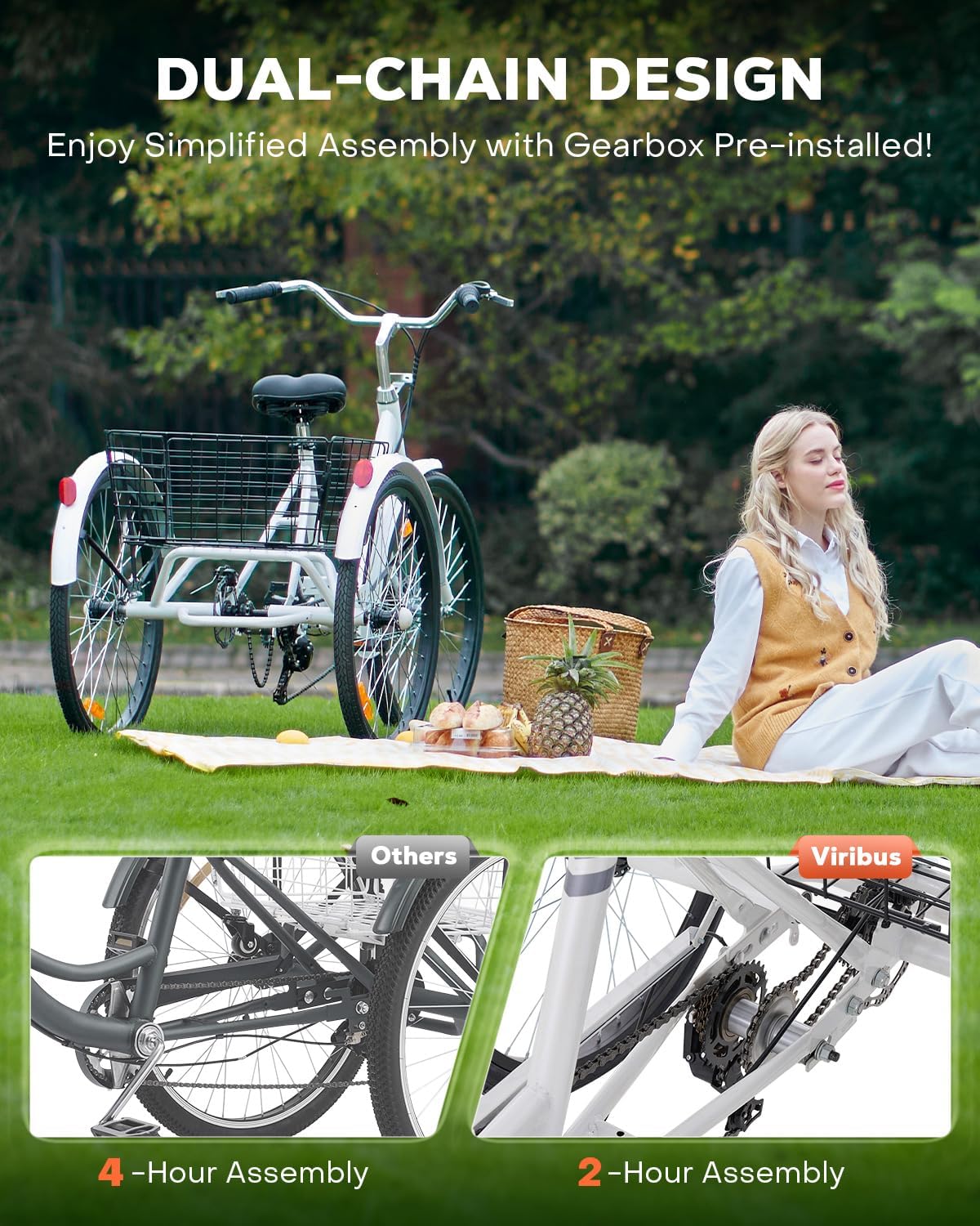 Viribus Triciclo para adultos, triciclo de 7 velocidades para adultos con doble cadena, triciclos para adultos para mujeres, hombres y personas