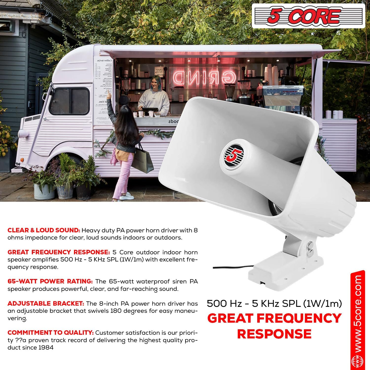 5 CORE Altavoz de radiobúsqueda de bocina PA para interiores y exteriores, altavoz de 8 x 5 pulgadas, 8 ohmios y 65 vatios máximo de bocina Sirena
