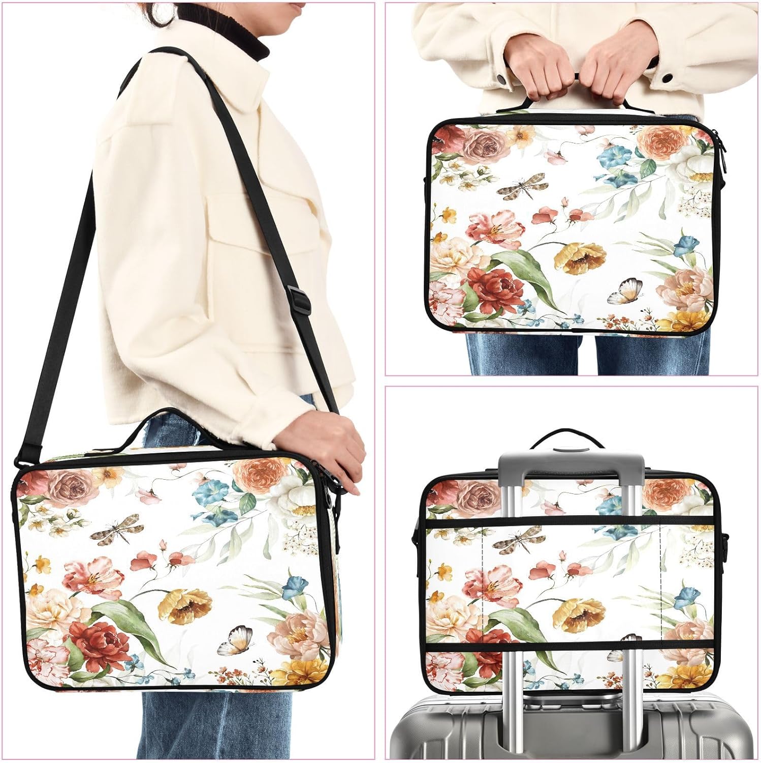 Pink Blush Flowers Green Leaves Branches Dragonfly zip cosmetic bag bags for women travel up bag organizator cute makeup bag bolso para maquillaje