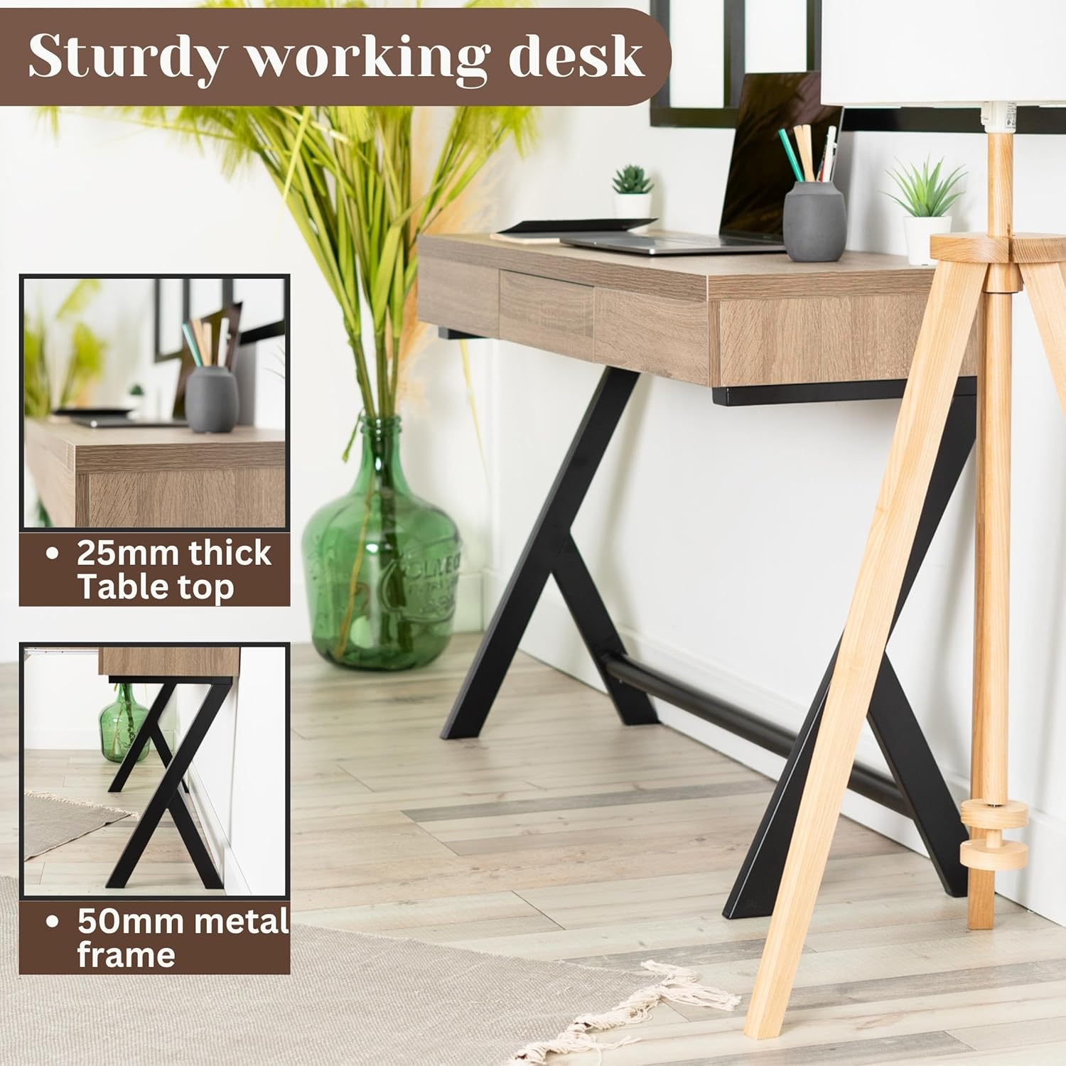 FurnitureR Escritorio de madera para computadora de 45.7 pulgadas con cajón de almacenamiento, escritorio contemporáneo con patas de metal para