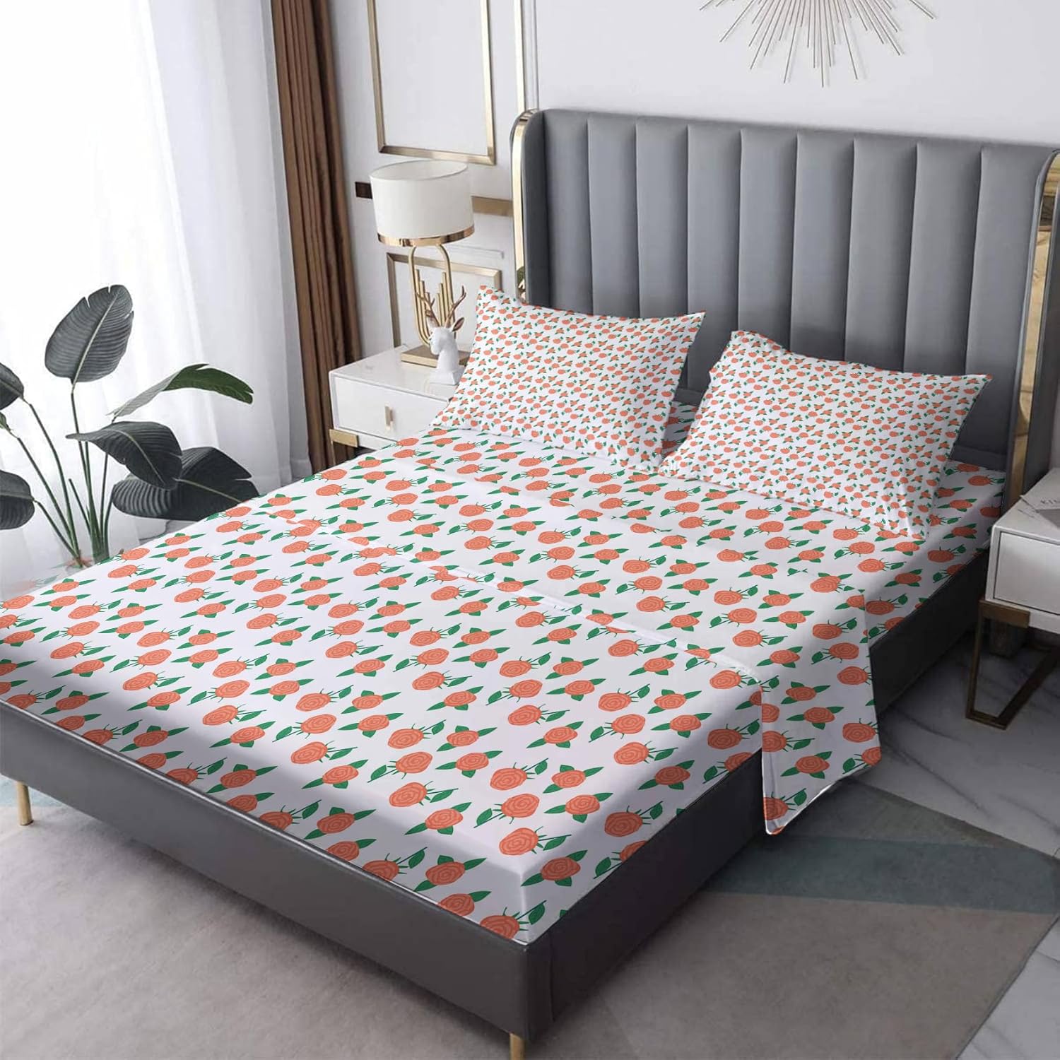 Sábanas de flores tamaño Queen, sábanas botánicas florales, sábanas y fundas de almohada estampadas de 4 piezas, sábana bajera ajustable de
