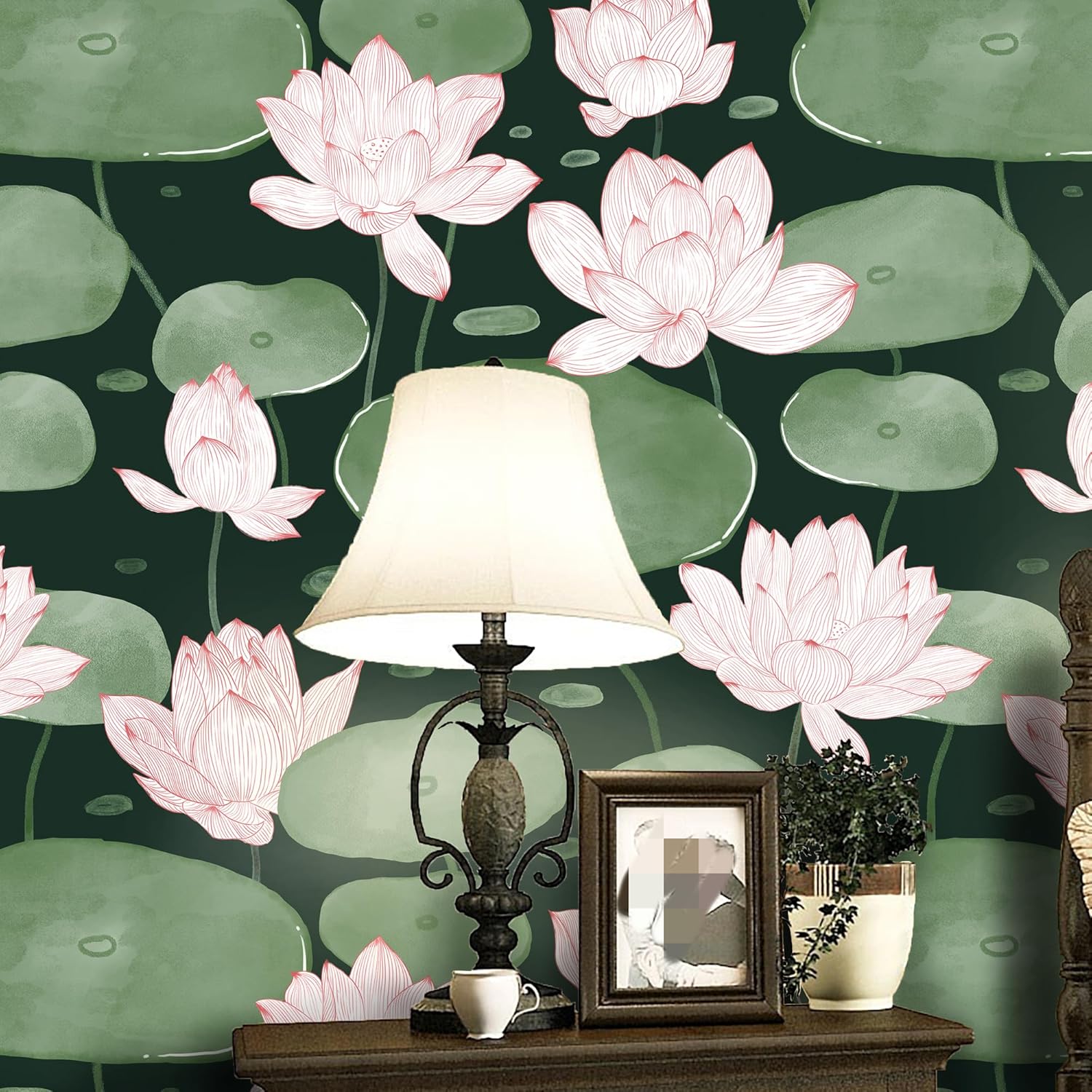 Yasinet Papel tapiz autoadhesivo para despegar y pegar, papel tapiz vintage con flores de loto verde oscuro, papel de contacto autoadhesivo