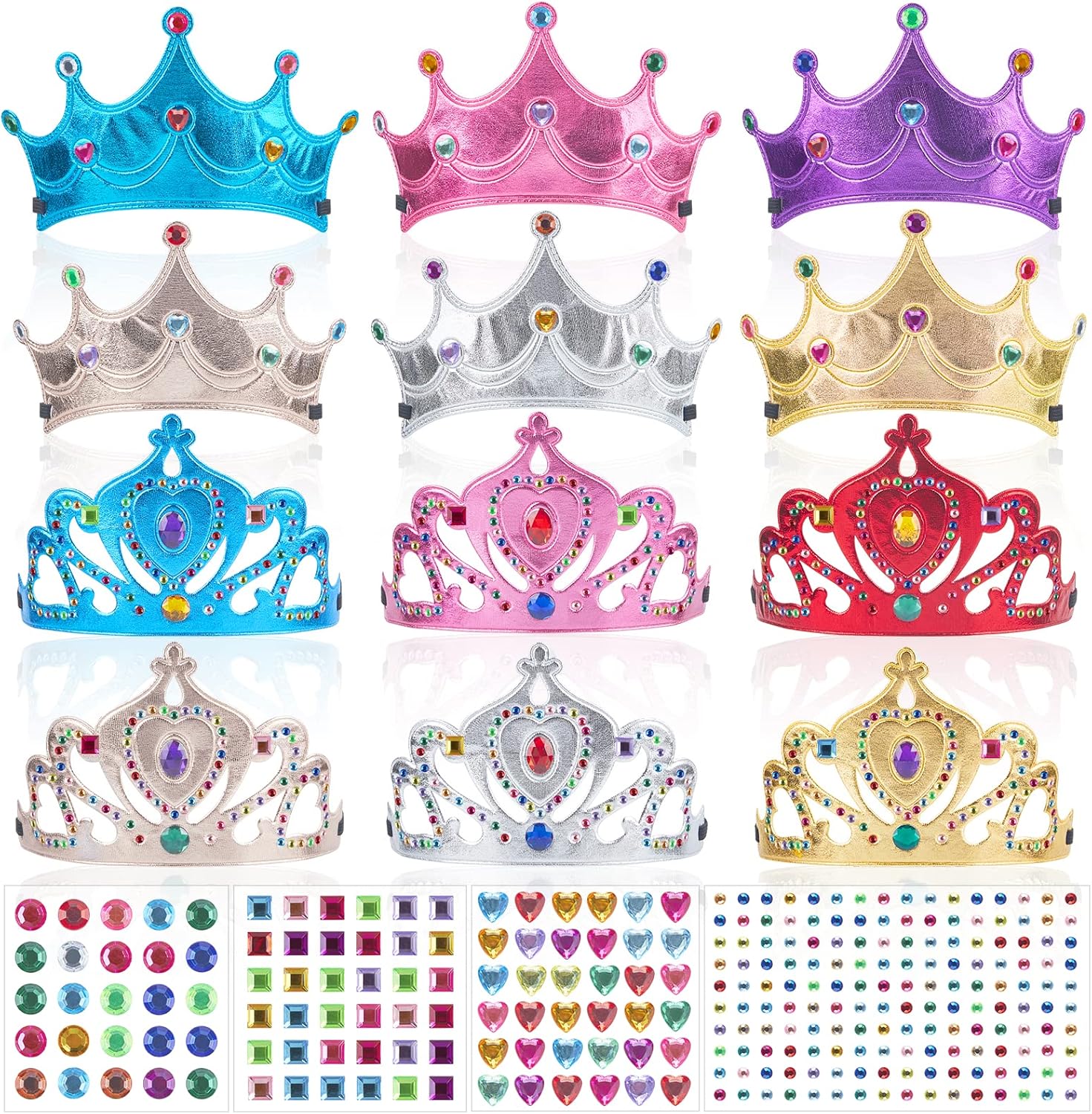 FLMRIOY Juego de 17 coronas de fiesta de princesa, suministros de fiesta para niños, kit de fabricación de tiaras con calcomanías de diamante para