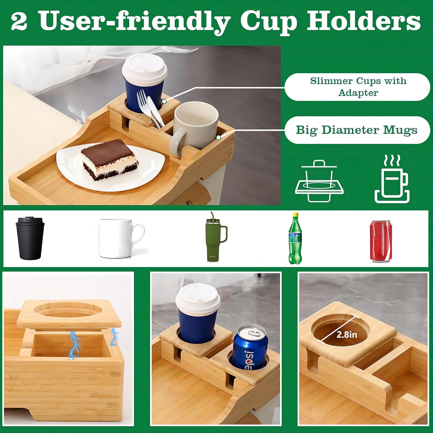 Mesa de brazo para sofá, bandejas de TV plegables multifunción con soporte giratorio de 360 para teléfono y almohadilla, bandeja de mesa de sofá
