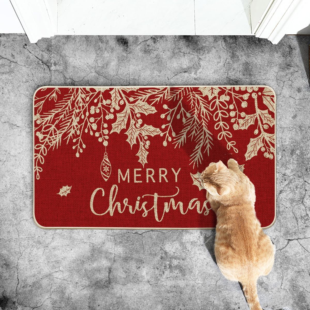 Artoid Mode Red Holly – Tapete de muérdago con texto en inglés “Merry Christmas”, decoración del hogar de invierno de Navidad, tapete de bajo