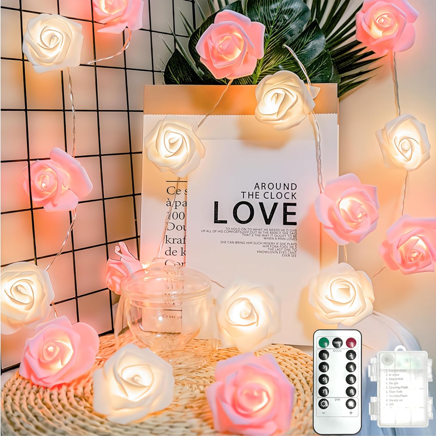 Guirnalda de luces de flores de rosas a pilas con control remoto, luces de hadas de 9.84 pies, 20 LED, 8 modos de flor, para bodas, fiestas, día de