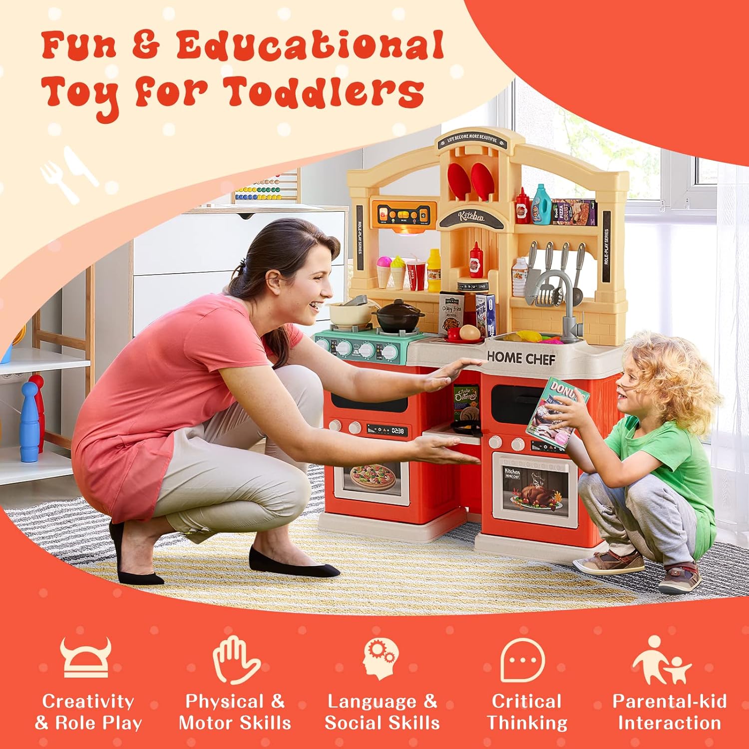 HONEY JOY Juego de cocina para niños, cocina grande de plástico con luces y sonidos realistas, música, función de agua corriente y vapor, 69