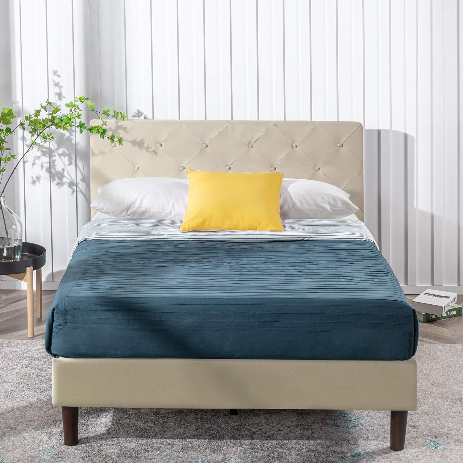 ZINUS Shalini – Base de cama tapizada con plataforma, base de colchón, soporte de listones de madera, no necesita somier, fácil montaje, color