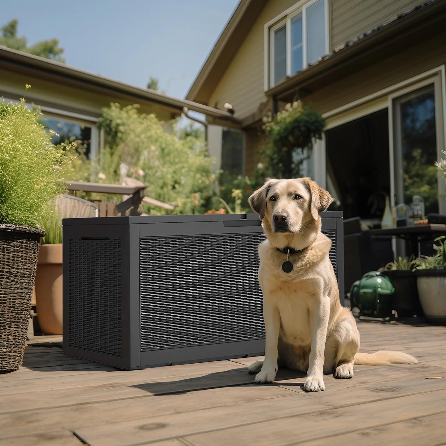 Caja de mimbre de 100 galones, contenedor de almacenamiento impermeable con cerradura para accesorios de piscina, muebles de patio, cojines,