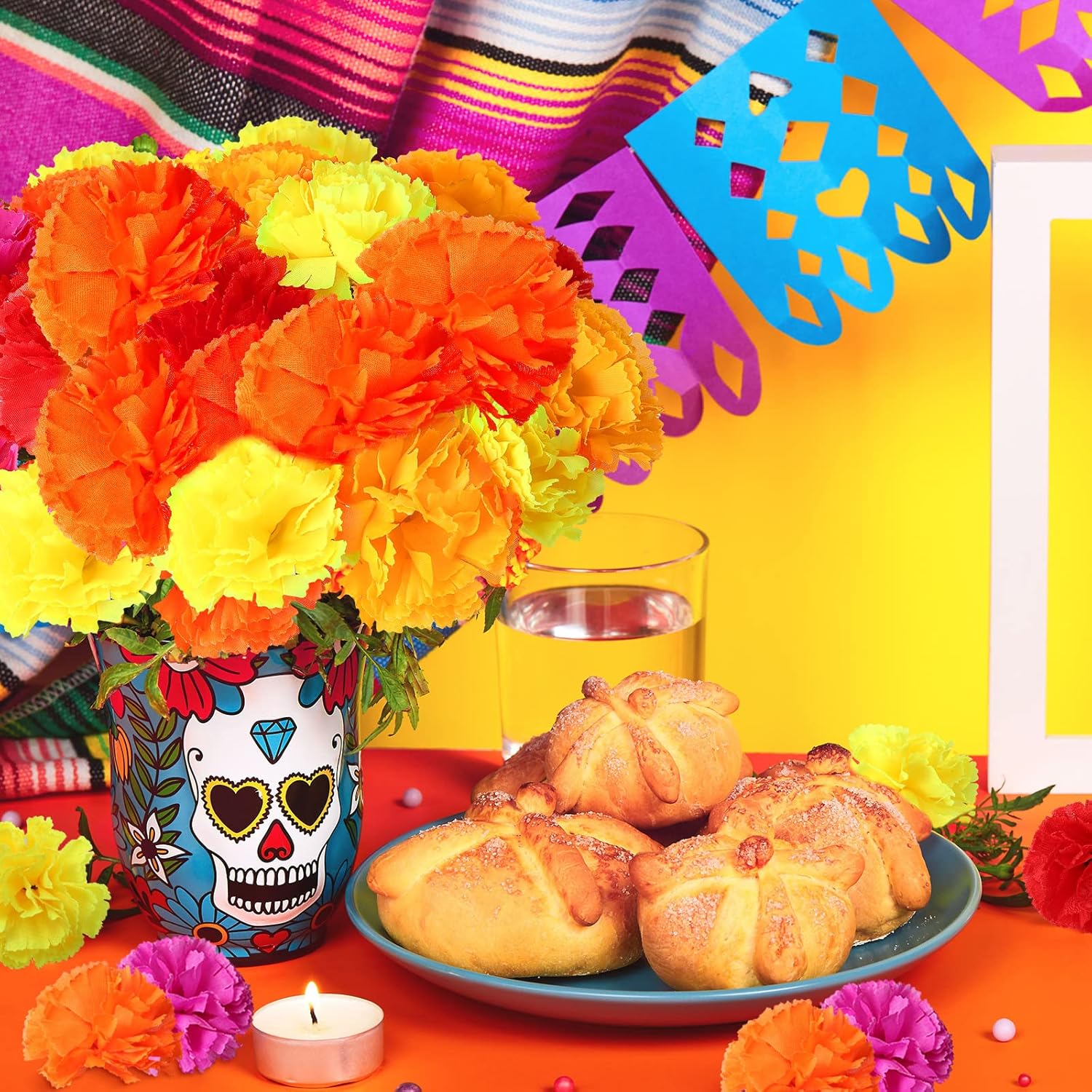 60 flores artificiales de caléndula sintética con tallos de Halloween, flores mexicanas falsas para fiesta del Día de los Muertos, flores para
