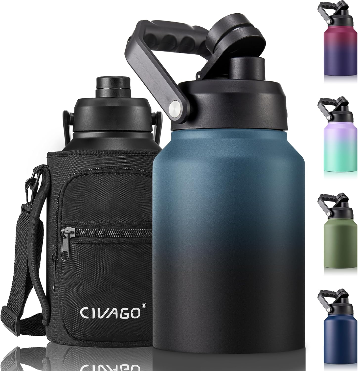 CIVAGO Botella de agua aislada de medio galón, frasco de agua deportivo de acero inoxidable de 64 onzas, taza térmica grande con soporte para bolsa