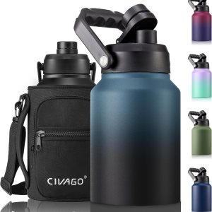 CIVAGO Botella de agua aislada de medio galón, frasco de agua deportivo de acero inoxidable de 64 onzas, taza térmica grande con soporte para bolsa CIVAGO Botella de agua aislada de medio galón, frasco de agua deportivo de acero inoxidable de 64 onzas, taza térmica grande con soporte para bolsa