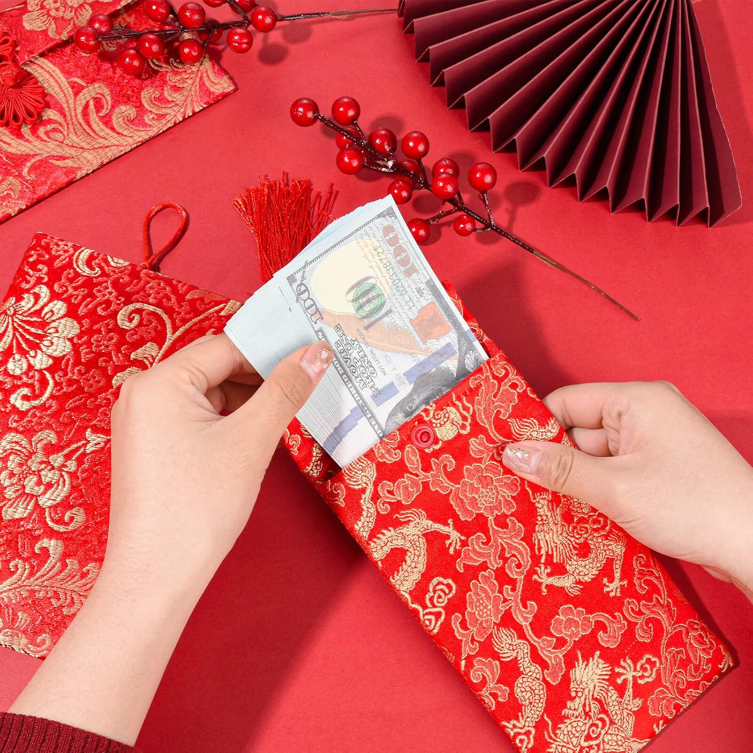 Sobres rojos de seda para boda, 12 sobres de dinero de la suerte, sobres rojos de Año Nuevo chino, paquete rojo de Año Nuevo, sobres de tarjeta