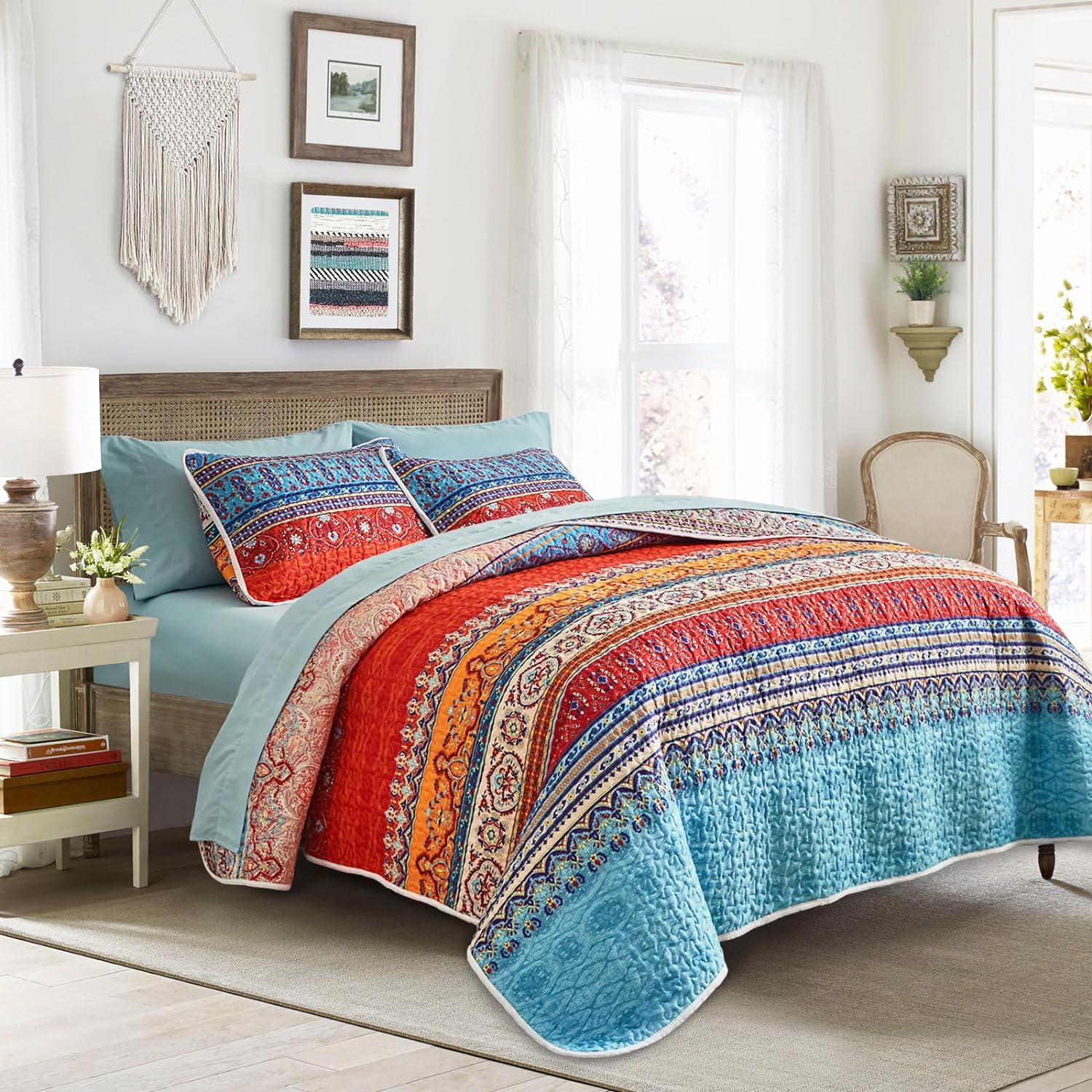 Juego de edredón bohemio colorido de 3 piezas, tamaño matrimonial y queen, juego de ropa de cama con estampado de rayas azules y rojas bohemias para