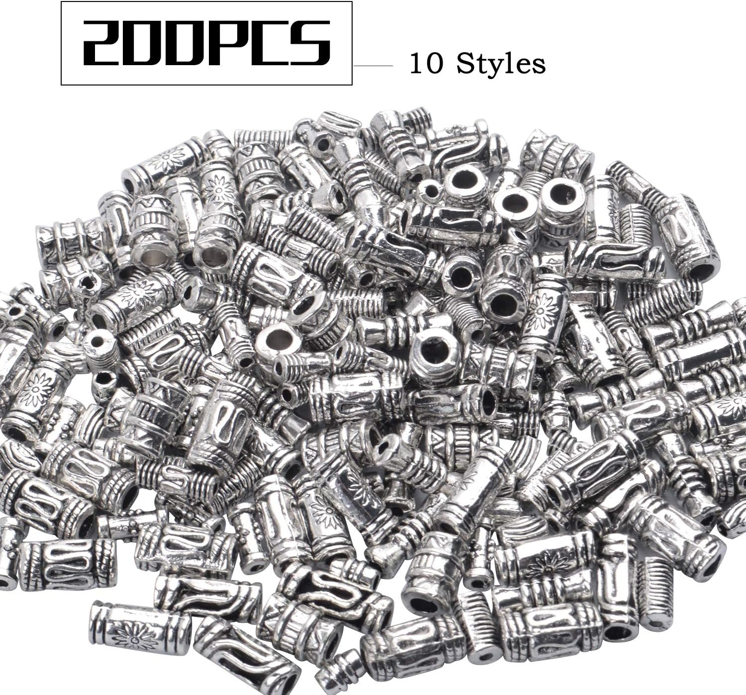 200 cuentas espaciadoras de plata tibetana, cuentas de columna, cuentas de tubo hueco para pulseras y collares de bricolaje