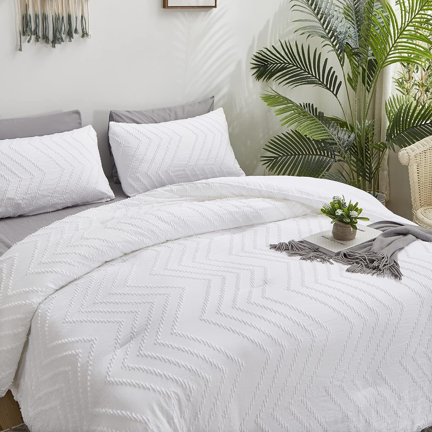 Edredón jacquard blanco tamaño Queen para mujeres y hombres, edredón bohemio de algodón para adultos y adolescentes con bordado blanco desgastado