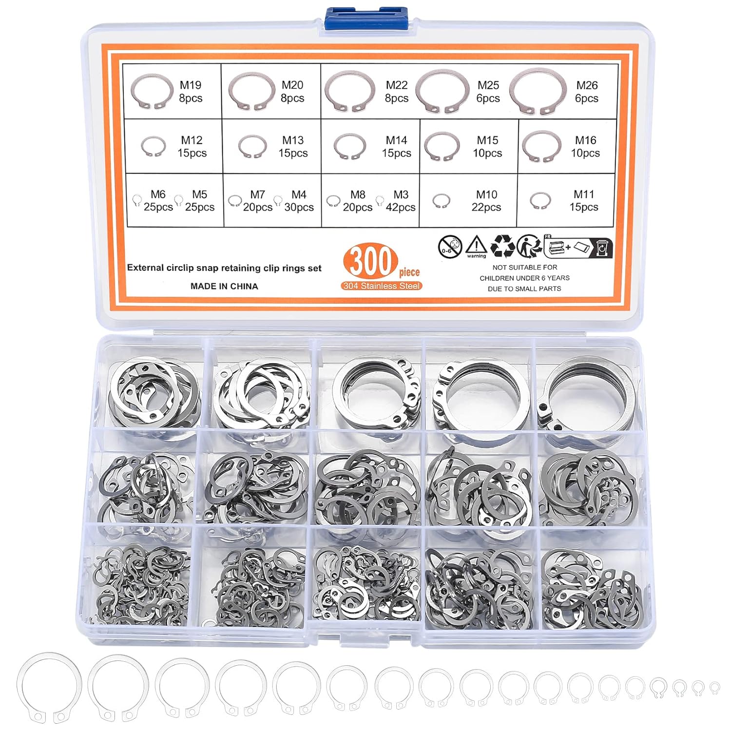 Juego de 300 anillos de retención, kits de anillos de presión internos, anillos de clip de retención externos de acero inoxidable, 18 tamaños, juego