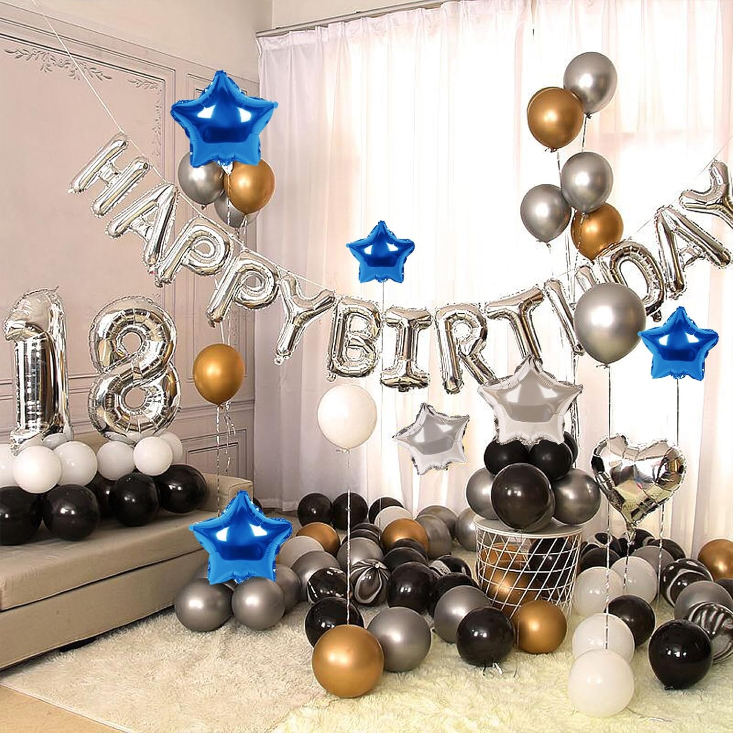 Cartel de feliz cumpleaños, 13 letras de papel de aluminio de Mylar de 16 pulgadas con 12 globos de estrella, decoraciones de fiesta de cumpleaños