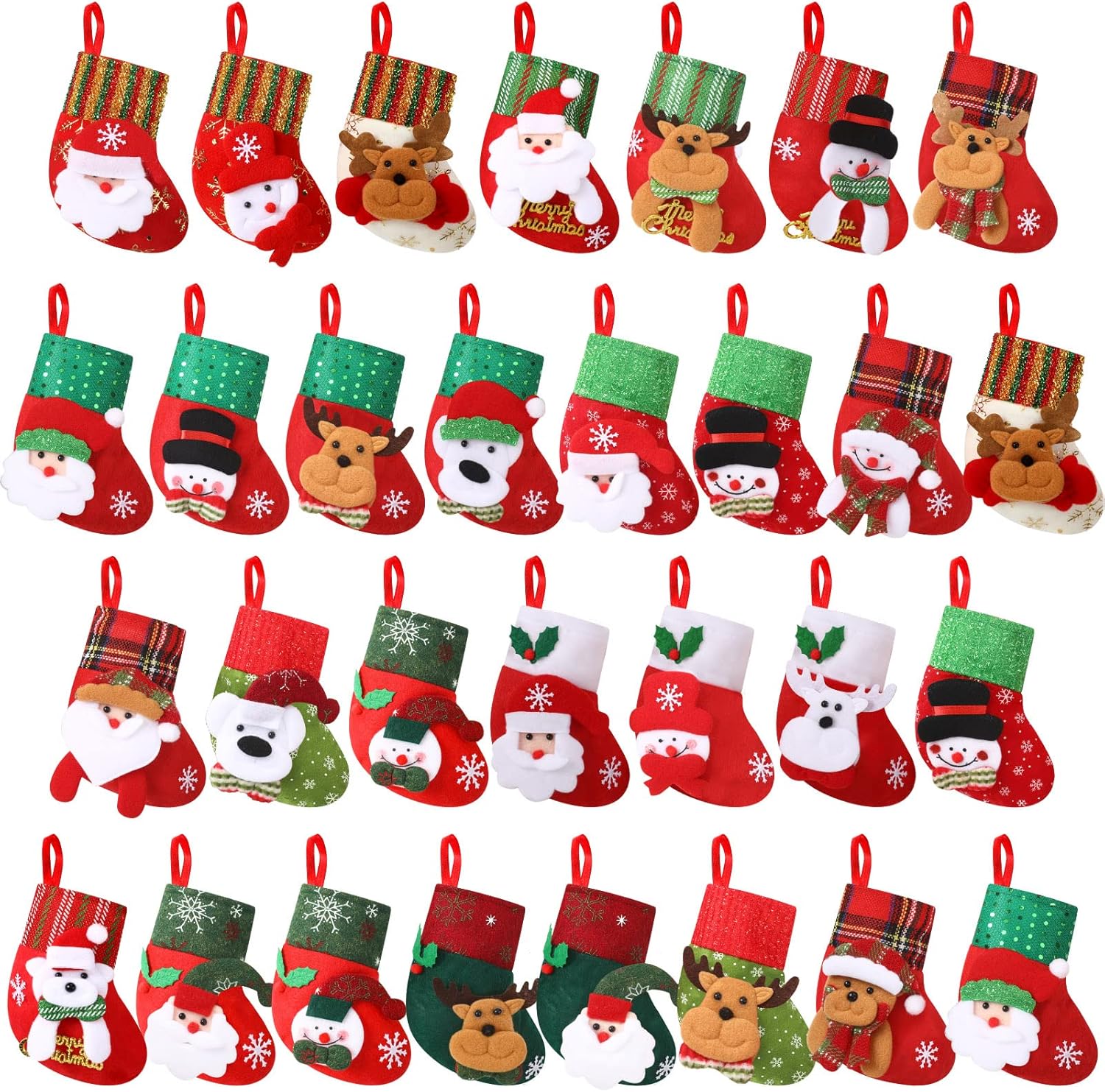 30 mini medias de Navidad a granel de 6.3 pulgadas, mini medias de Navidad 3D, soporte para tarjetas de regalo, muñeco de nieve, Papá Noel, reno,