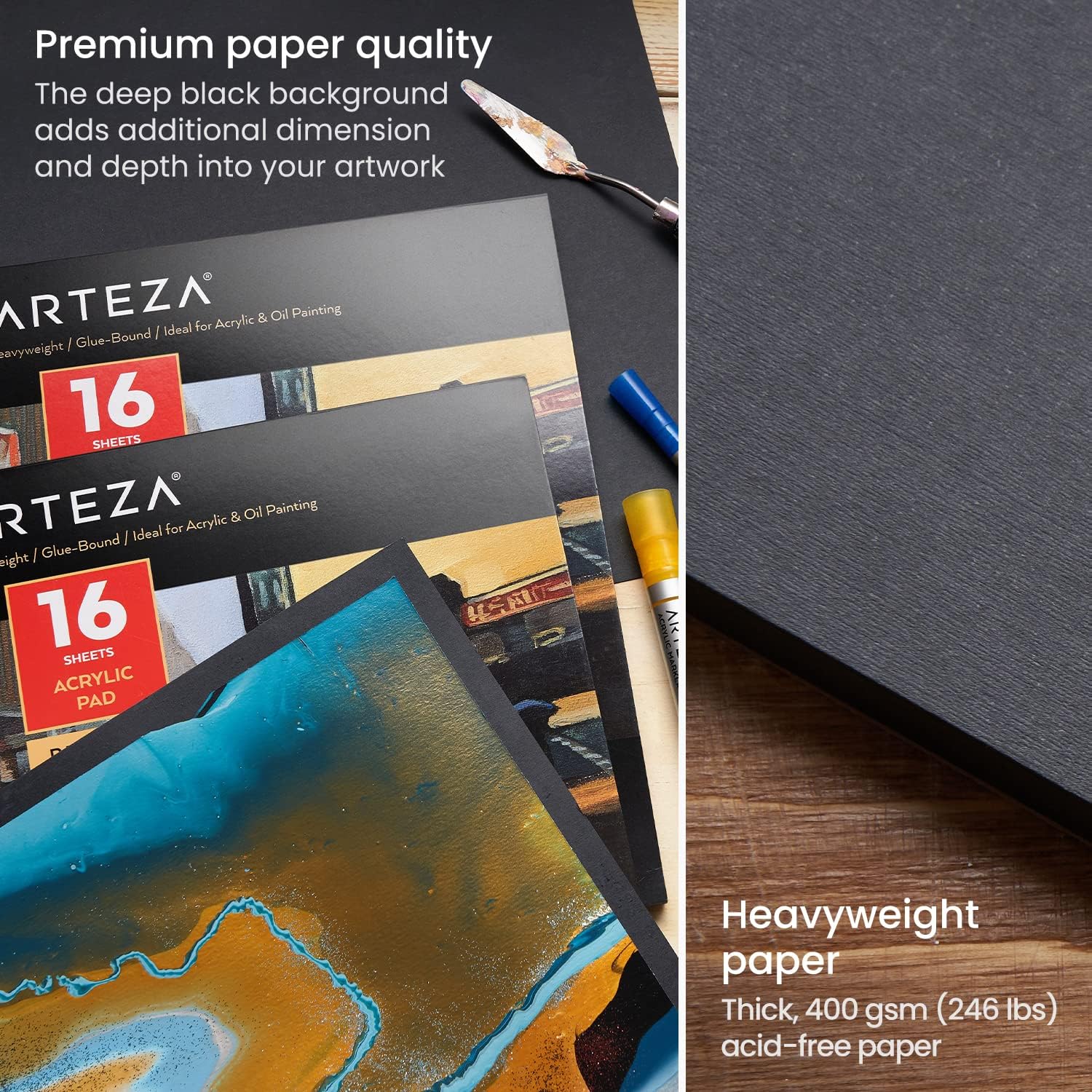 Arteza Bloc acrílico, paquete de 2, negro, 6 x 6 pulgadas, papel de 246 libras, 16 hojas cada una, suministros de arte para pintura acrílica,