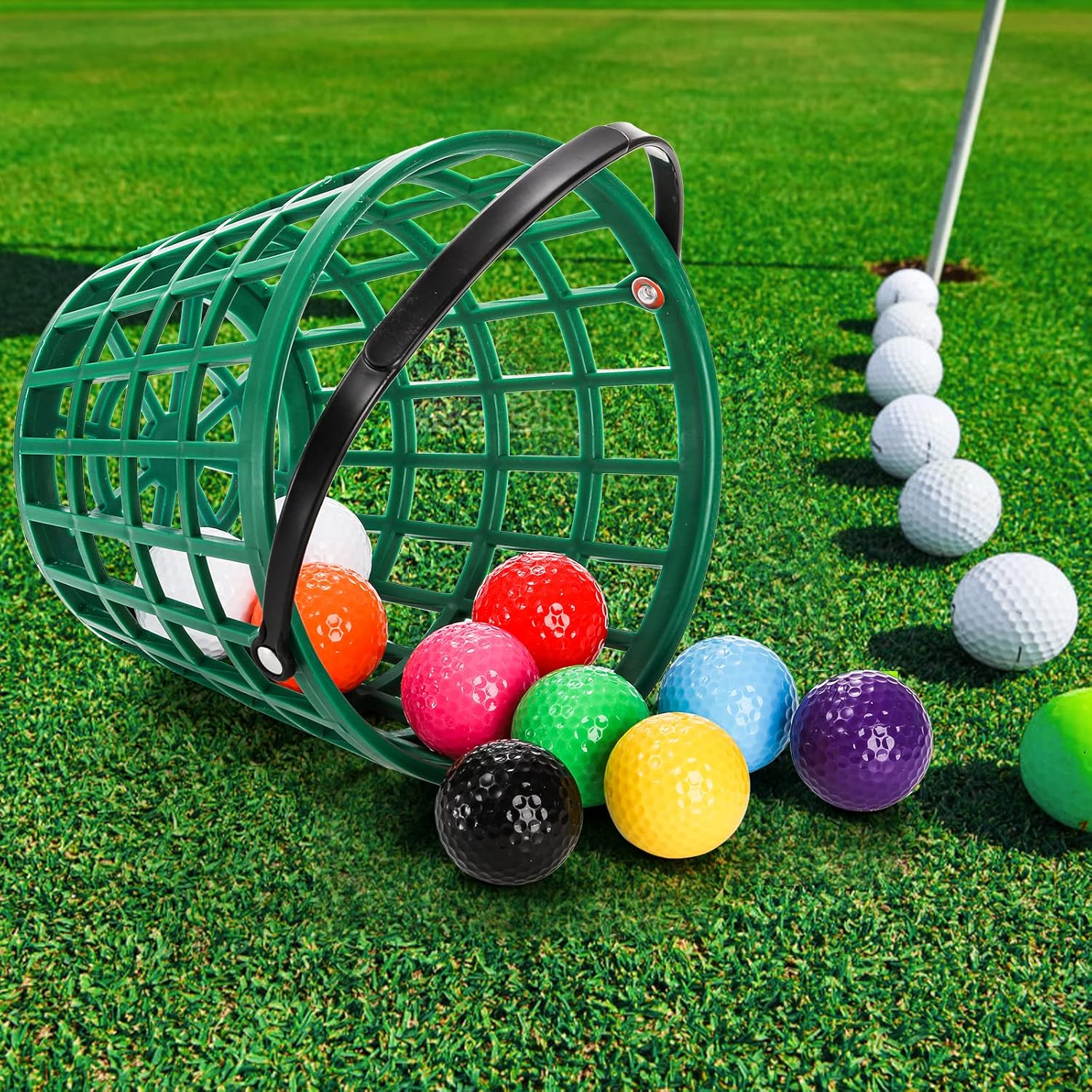 Bekith Paquete de 2 cestas de plástico para pelotas de golf, cubo con asa, capacidad para 50 bolas, color verde