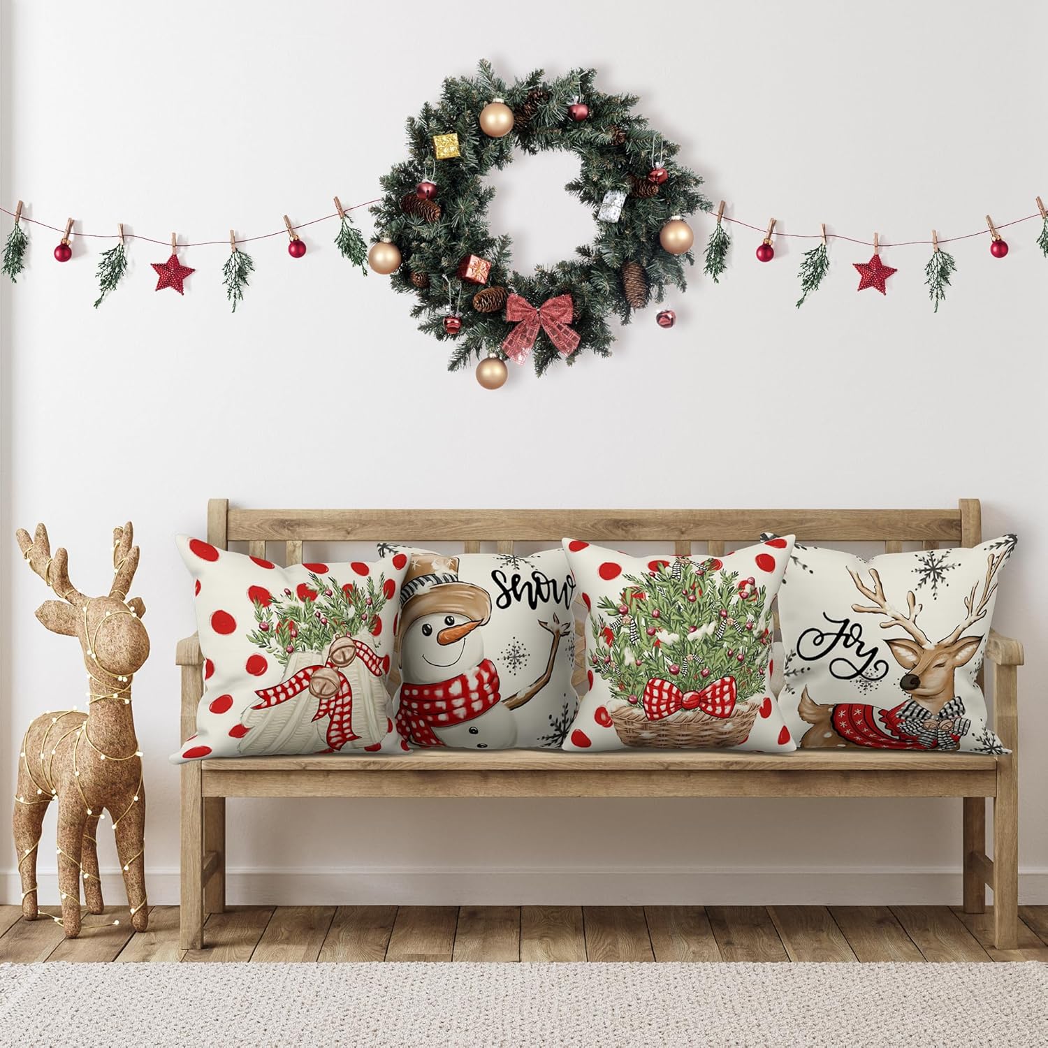 LITIVY Juego de 4 fundas de almohada decorativas para decoración de Navidad, decoración del hogar para sofá (árbol de Navidad, muñeco de nieve,