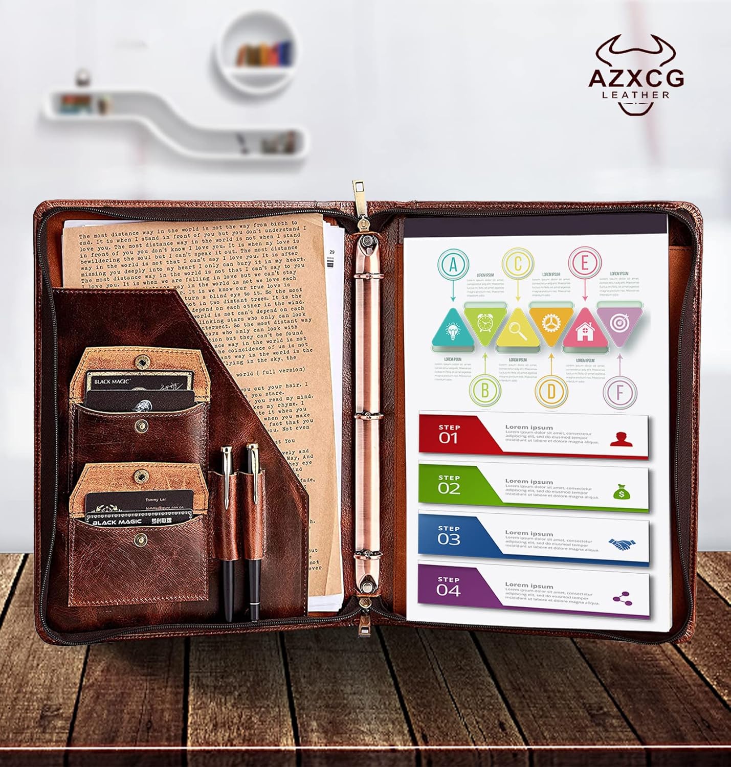 AZXCG Carpeta organizadora de tres anillos de cuero genuino con cremallera, soporte para bloc de notas de cuero vintage, libro de reanudación del