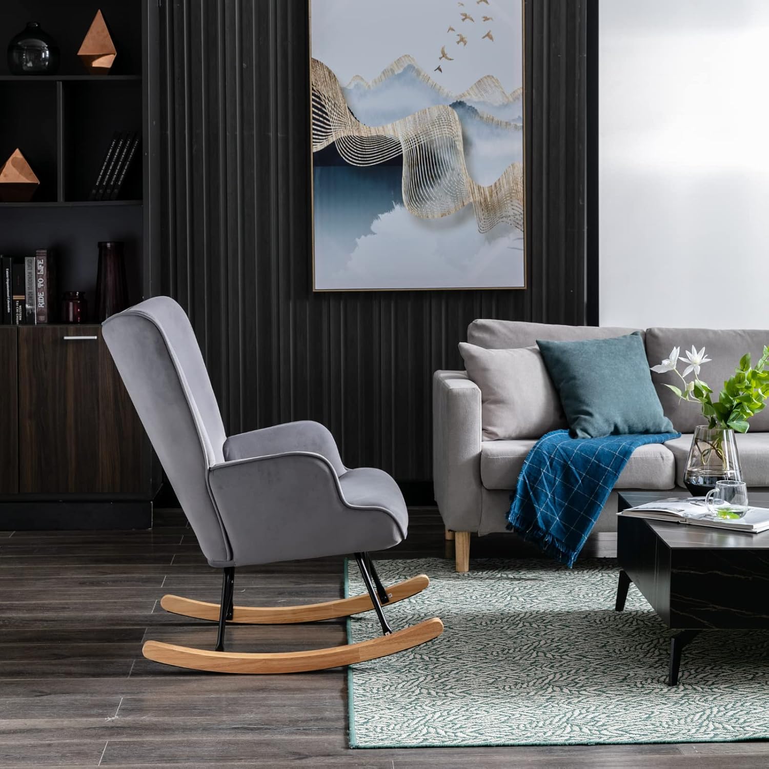 Mecedora de terciopelo para habitación del bebé, silla mecedora para interiores con respaldo de ala, con base de madera maciza, cómoda silla