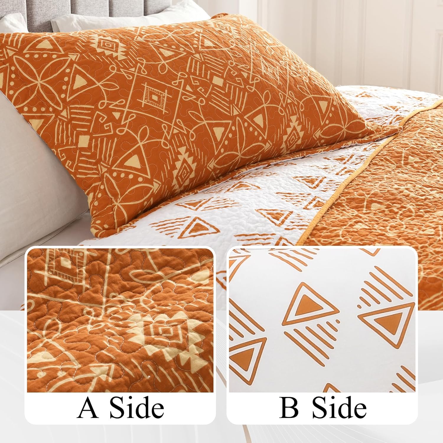 DUOHONG Juego de colcha tamaño King  Juego de colcha de 100% algodón naranja para cama King, 3 piezas geométricas de granja, reversible, rústico,