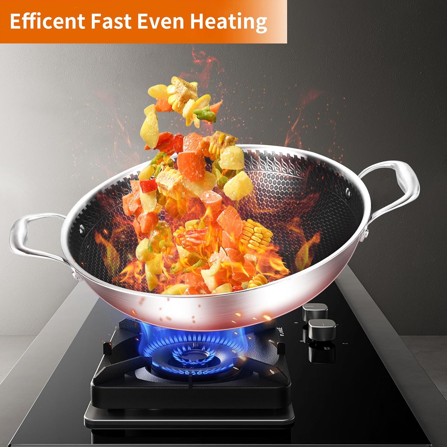 DELARLO Wok Pan de 12 pulgadas con tapa, acero inoxidable de tres capas, antiadherente, apto para horno hasta 600F, capacidad de 5 cuartos de galón,