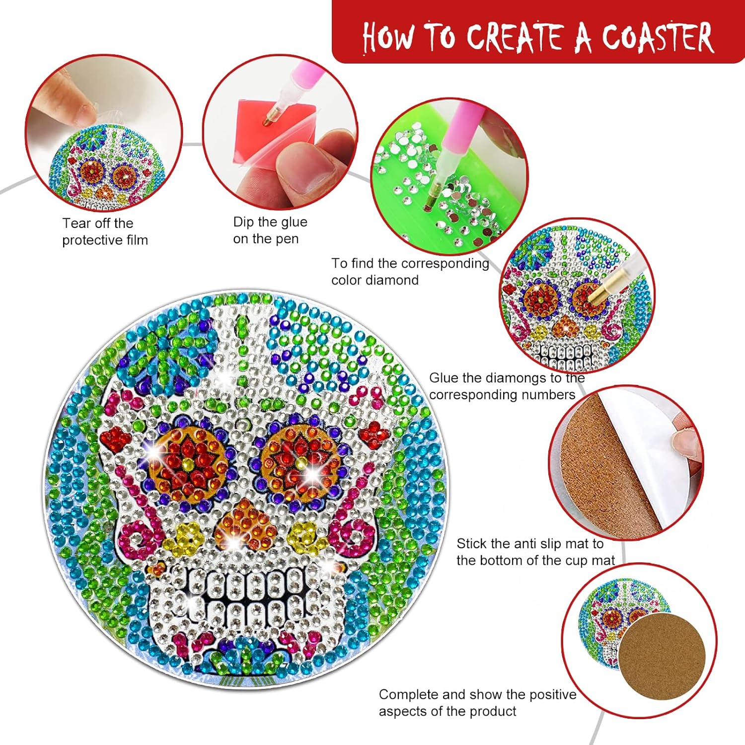 AHCSMRE Juego de 10 posavasos de diamantes de calavera de Halloween, posavasos de pintura artística con soportes, posavasos de diamante