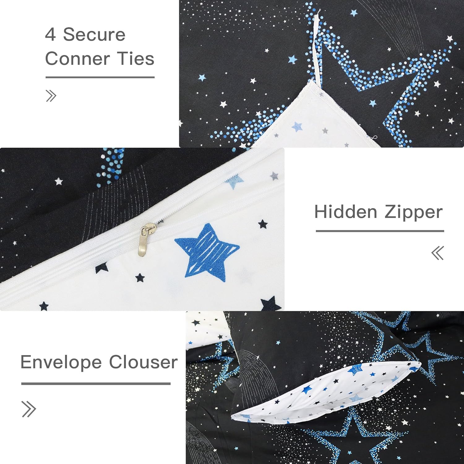 Usfivefam Juego de funda de edredón tamaño King, 3 piezas, reversible, color blanco y negro, estampado de universo exterior, azul estrellado, juego
