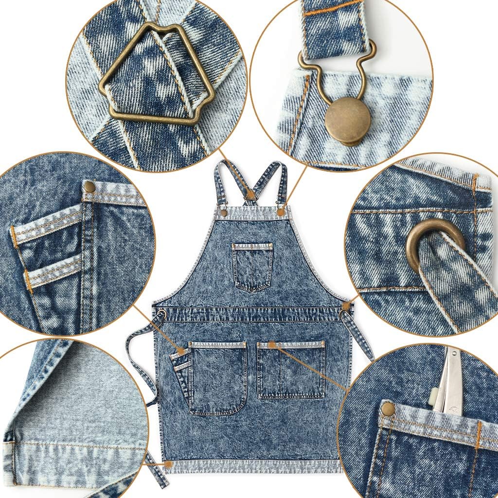 Jeanerlor – Delantales de trabajo de mezclilla con bolsillos para mujeres y hombres, correas cruzadas y ajustables de S a XXXL, Azul mezclilla