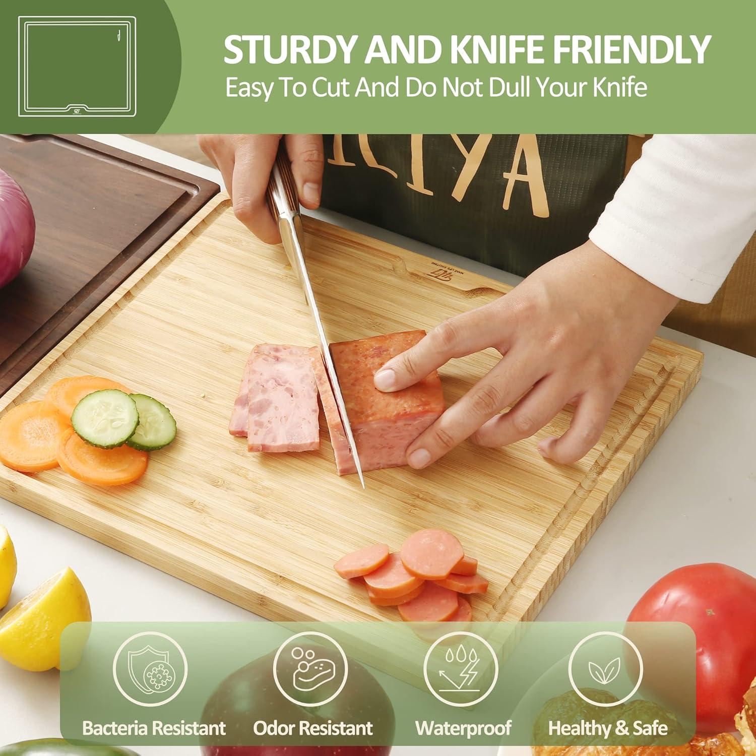 Tabla de cortar de bambú para cocina, tabla de cortar con ranura para jugo y asas, tabla de charcutería, reversible para preparación de comidas y