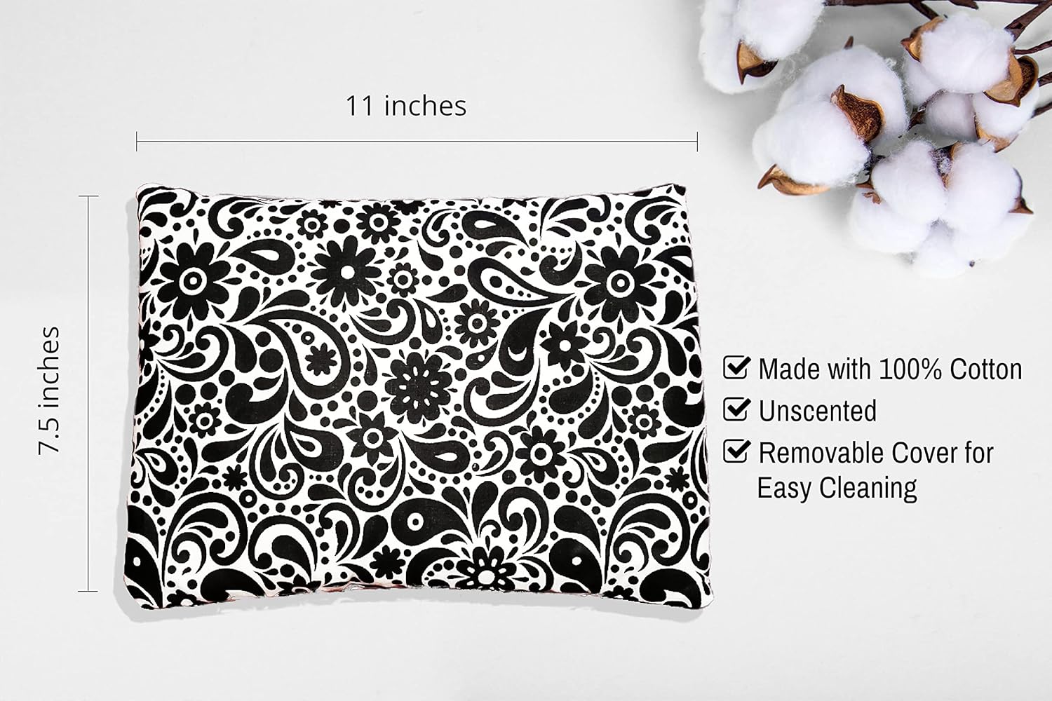 Almohadilla térmica rellena de maíz para microondas y paquete fríofunda lavable 100% algodón (bandana – blanco y negro, 7.5 pulgadas de ancho x 11