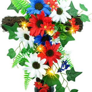 YULETIME Estaca de cruz de jardín roja, blanca y azul, funciona con energía solar con luces de hadas, cruz de metal, ratán natural, margaritas rojas YULETIME Estaca de cruz de jardín roja, blanca y azul, funciona con energía solar con luces de hadas, cruz de metal, ratán natural, margaritas rojas