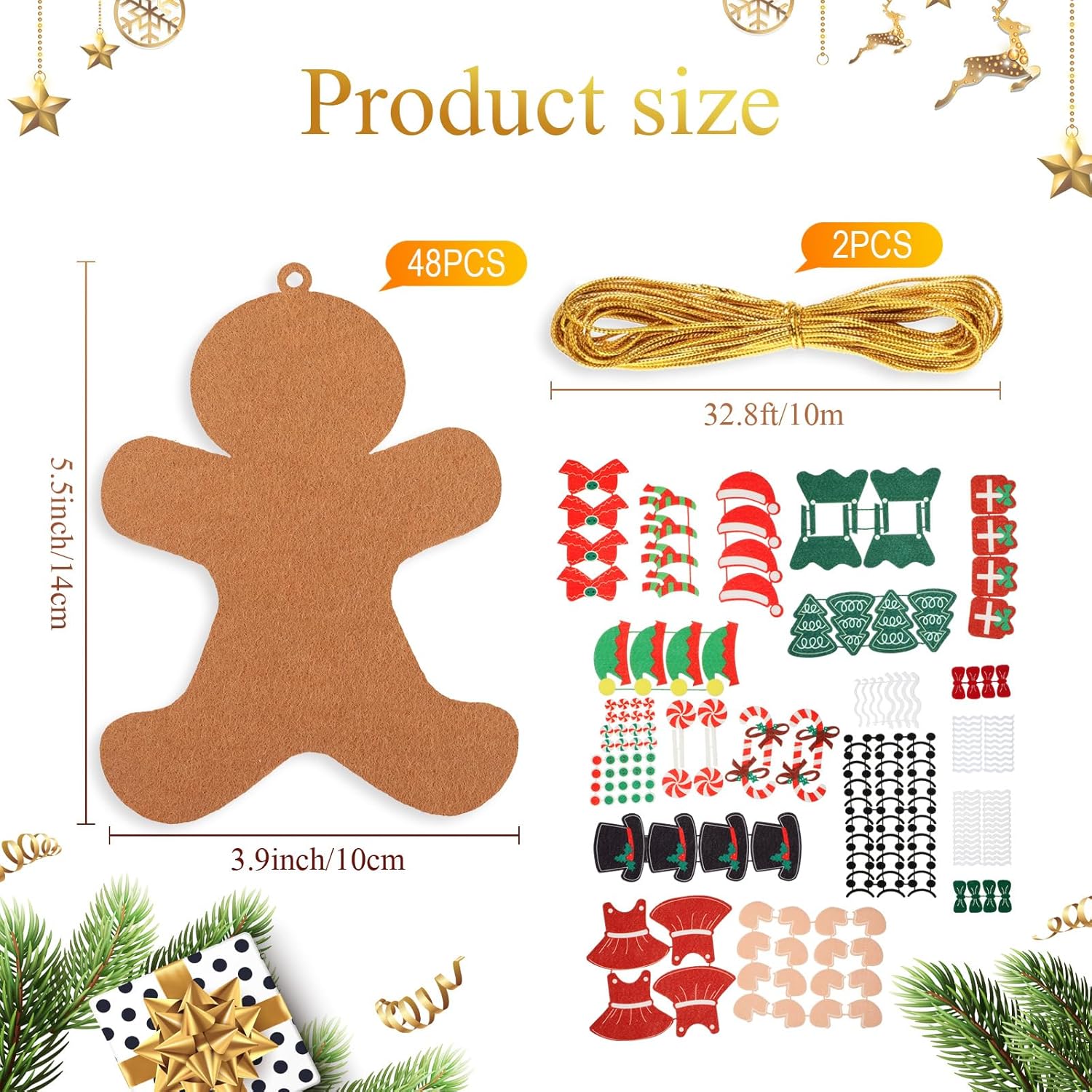 48 piezas de fieltro de Navidad de hombre de jengibre para niños, adorno de hombre de jengibre para hombre, pan de jengibre, colgar con hojas