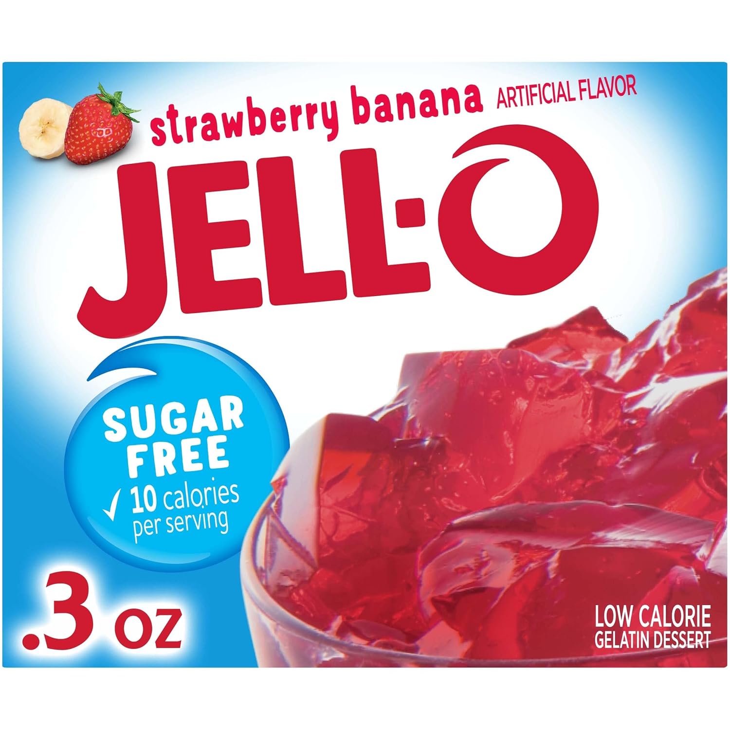 Jell-O Mezcla de postre de gelatina sin azúcar de fresa y plátano (paquete de 24 unidades, cajas de 0.3 onzas)