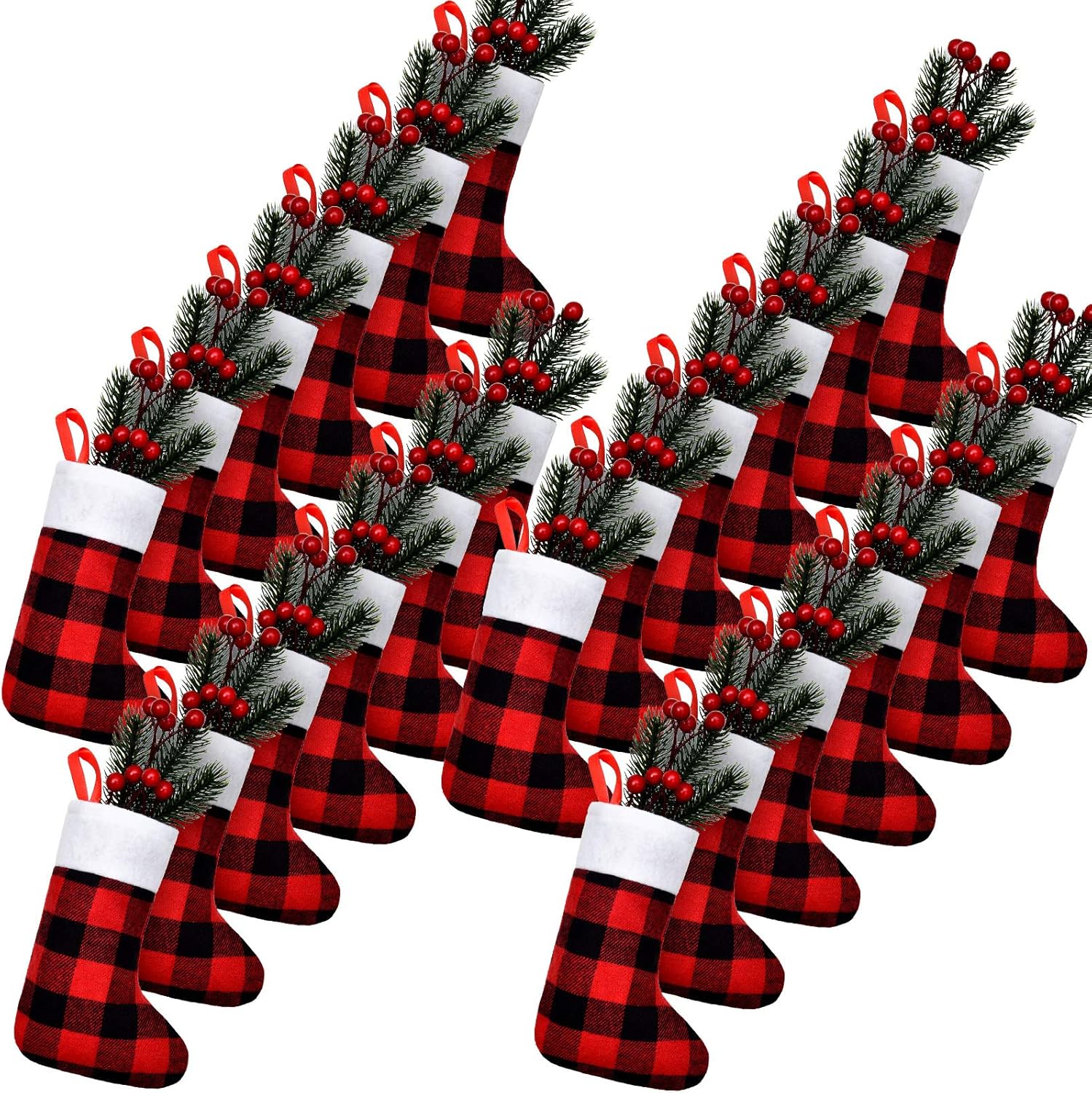 Skylety 24 medias de Navidad en puño de felpa a granel, calcetines pequeños de Navidad a cuadros, calcetines rústicos para chimenea, medias